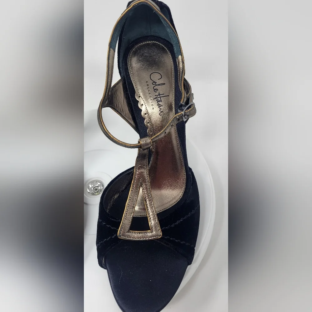 Cole Haan Black Velvet & Brassy Gold Open Toe Stilletto T-Strap Heels - Picture 3 of 16